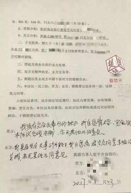 武汉离婚协议书：夫妻分割63套房